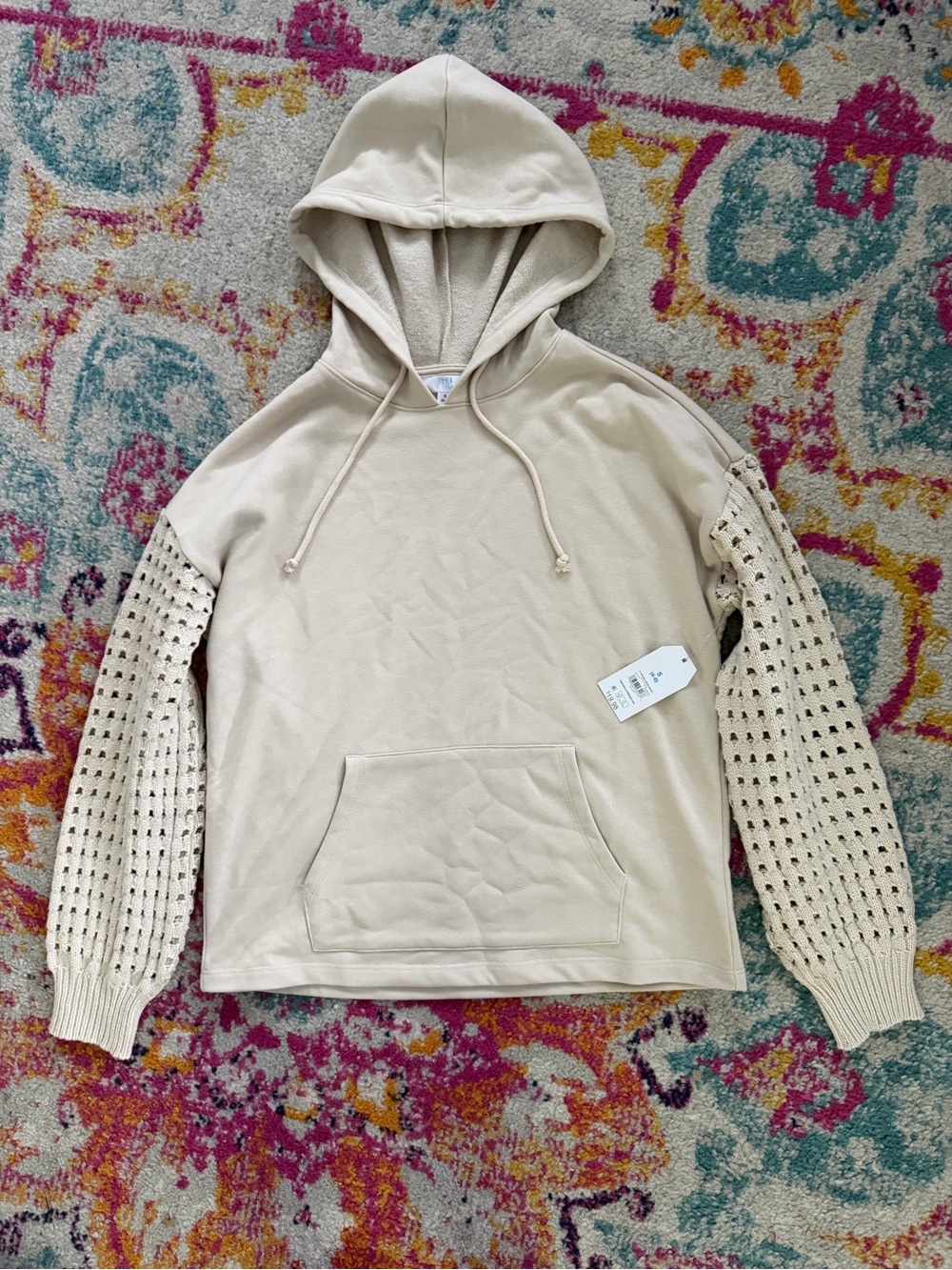Time and Tru Cream Hoodie Sweater with Crochet Knit Sleeves